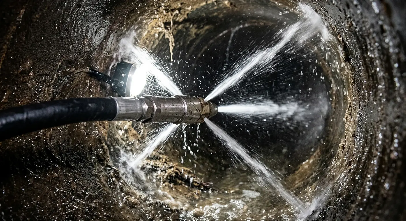 High-pressure hydro jetting nozzle cleaning sewer pipe for Emergency Drain Service in Siloam Springs