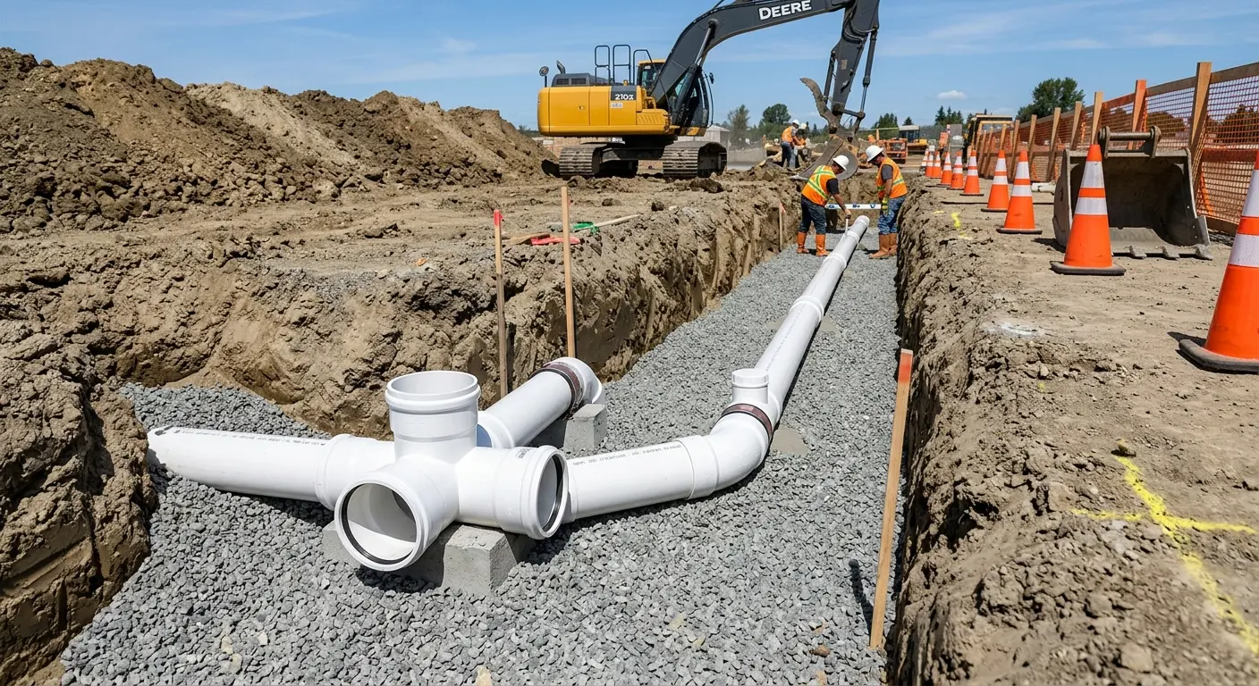New PVC sewer pipe installation in open trench for Commercial Drain Cleaning in Siloam Springs