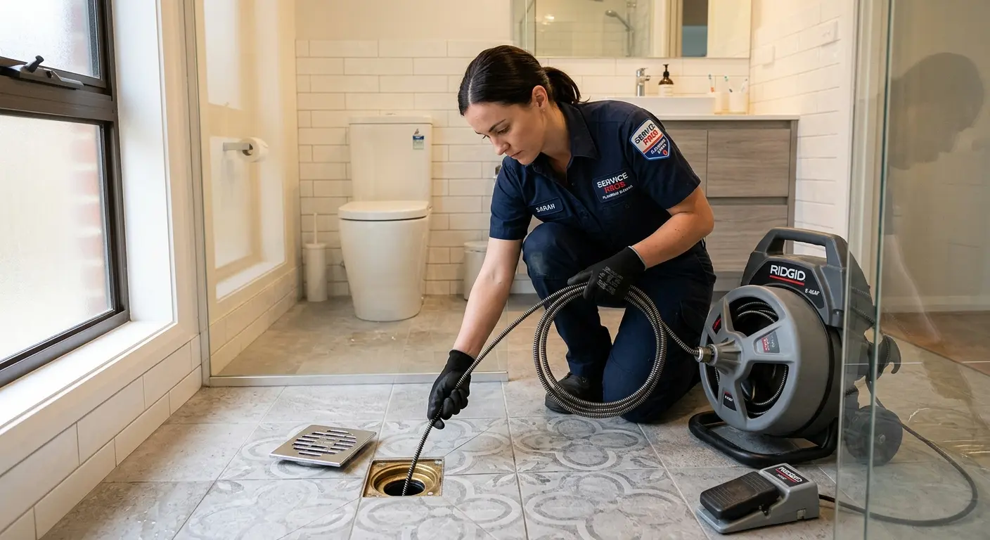 Technician clearing a bathroom floor drain for Sewer Line Replacement in Siloam Springs